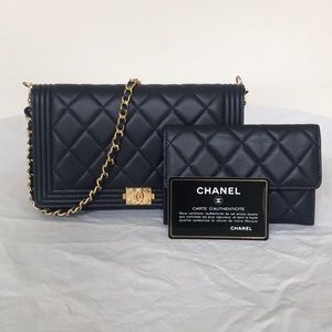 2015 Chanel Boy Wallet on Chain Metallic Lambski